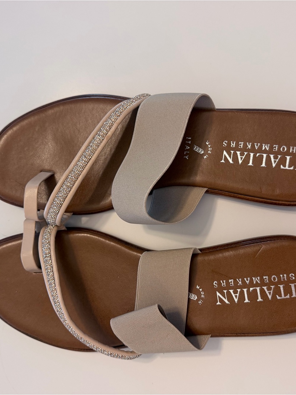 Italian Shoemakers Beige Elastic Strap Sandals with Rhinestone Accent